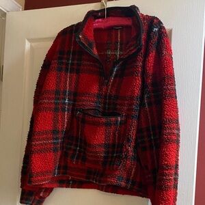 Source Unknown Red and Black Plaid Sherpa Ski Pullover
